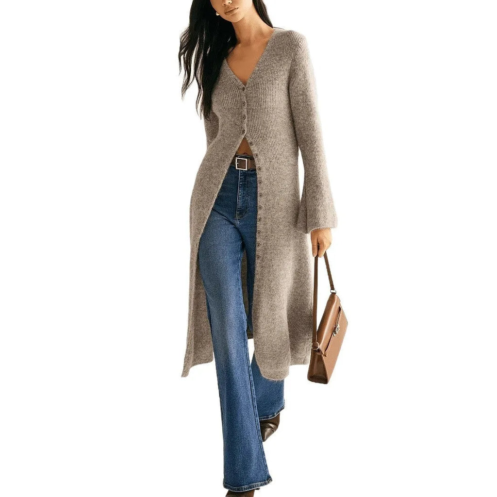 Khaki French retro style long sleeve coat cardigan with button front closure