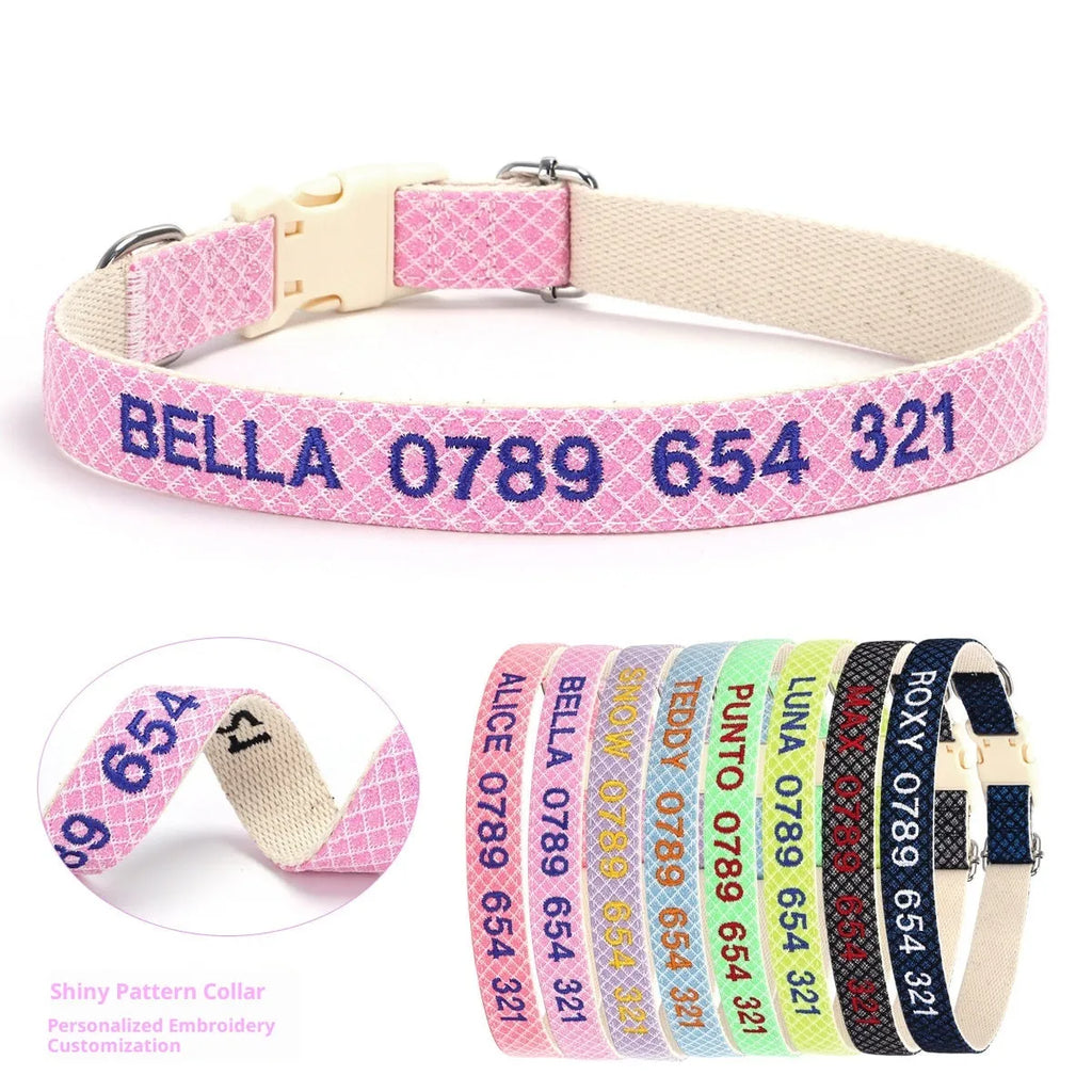 Embroidered phone number anti lost pet collar made from PU in fluorescent green colour for dogs and cats