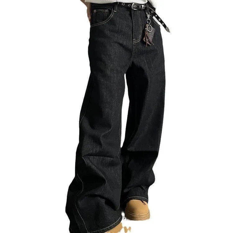 Black retro wide-leg jeans with straight-leg design and zip fly opening