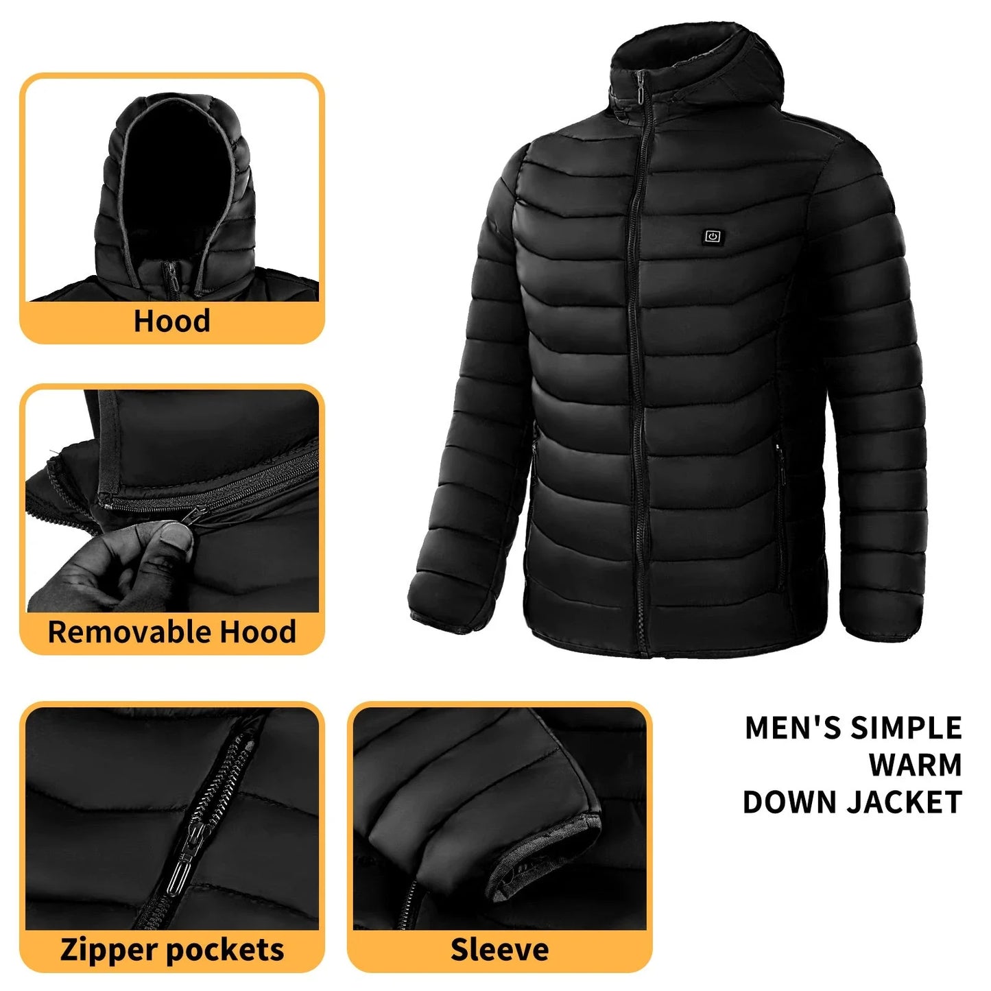 Heated puffer jacket with 9 heating zones, adjustable hood, and insulation for skiing in cold weather