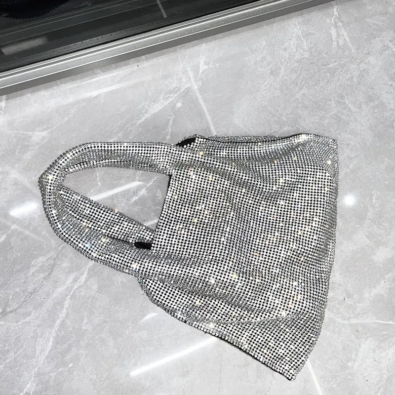 Silver cotton thread handbag with rhinestone detailing and open outer pocket
