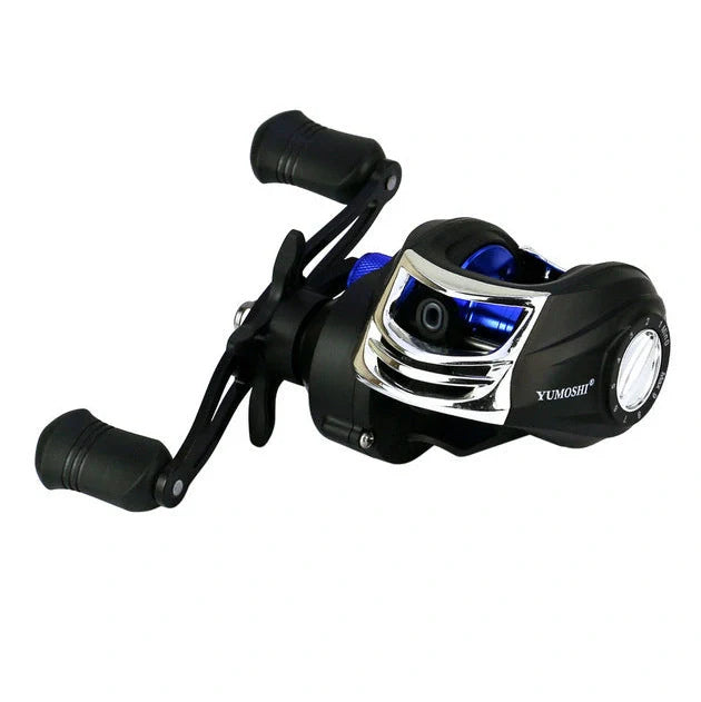 YUMOSHI AK Series fishing reel with magnetic brake system in black and blue colour option