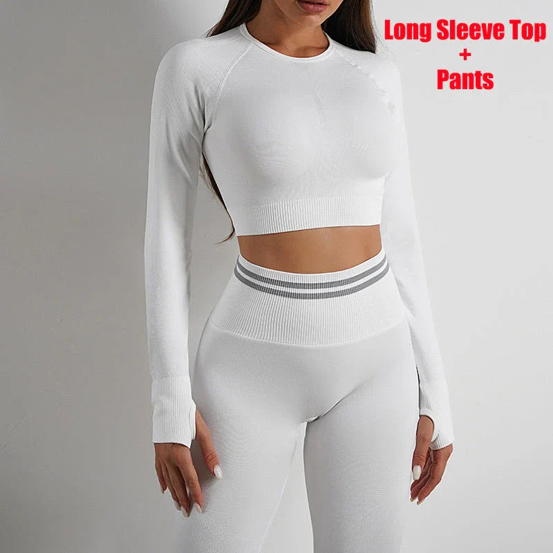 Comfortable and stylish workout wear including seamless leggings and long sleeve tops in a variety of colors