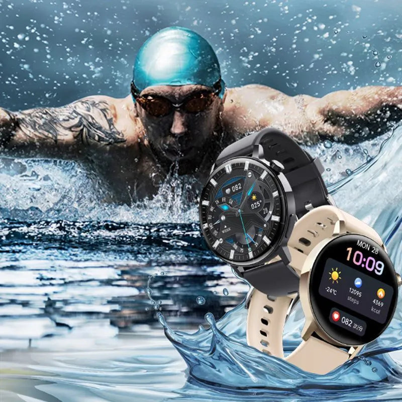 Bluetooth call smartwatch with 1.32 inch round screen and black TPU sport strap on wrist