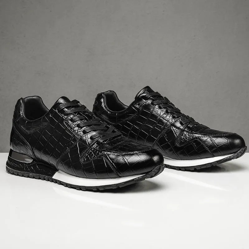 Crocodile pattern light luxury leather shoes, low wedge heel, sheepskin upper, black and brown colour options