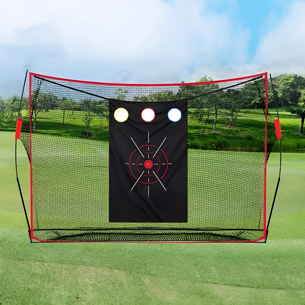 Golf wedge training set showing 3-hole cross net, straw practice mat, practice tees, and red and white golf balls