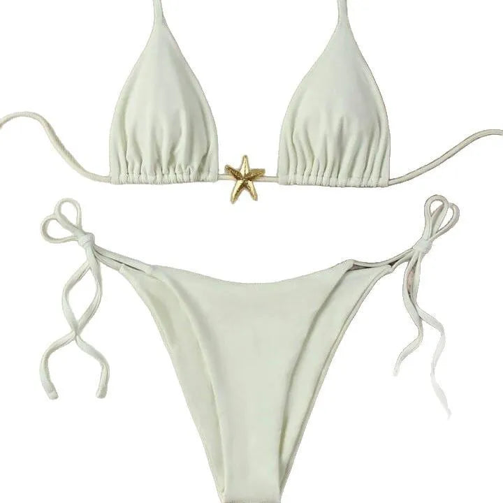 XINGX women's lace-up bikini swimsuit in creamy-white with nylon fabric and brief bottom for beach or hot spring use