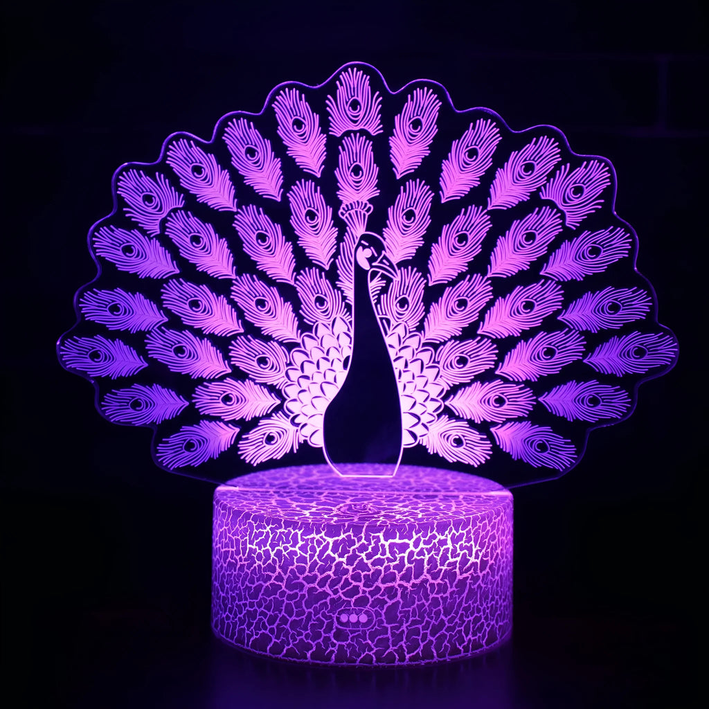 Acrylic USB touch night light with colourful crack base design on a bedside table.