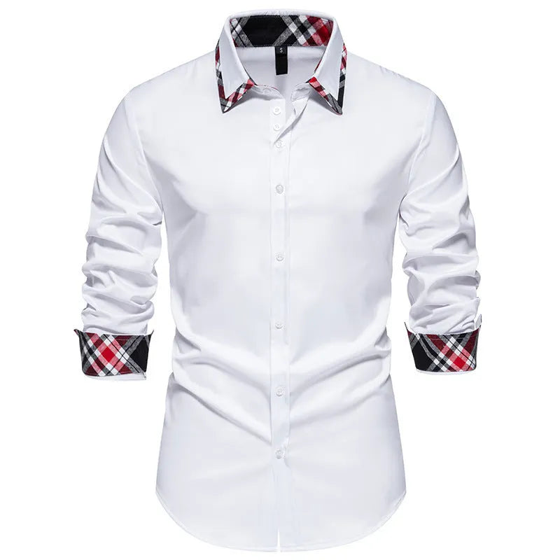 Men's casual shirt with triangle collar and plaid contrast detailing in chemical fibre blend fabric