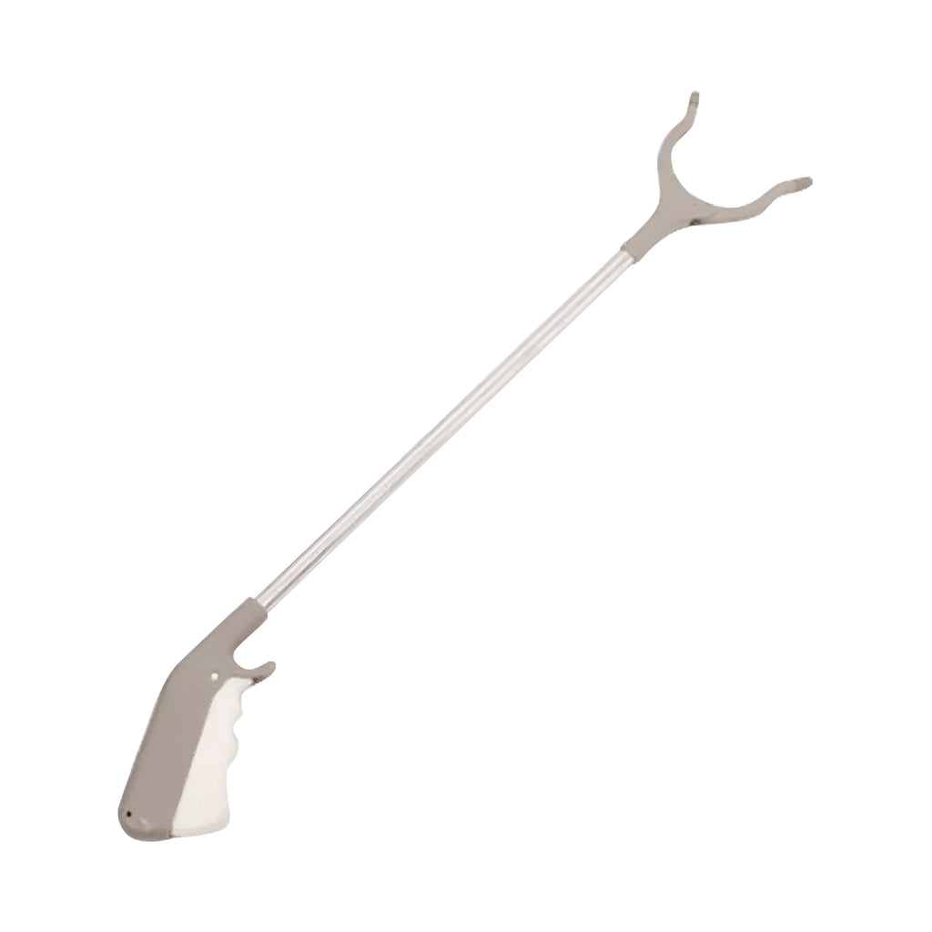Stainless steel garbage picker with extended 40cm handle and non-slip gripper jaws.