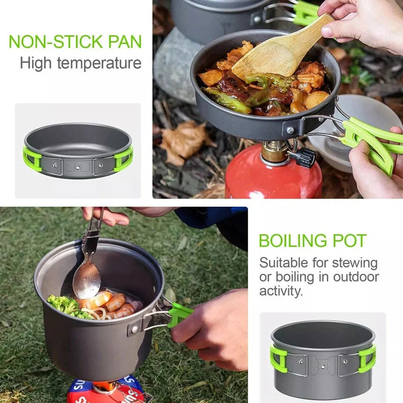 Green folding aluminium alloy camping pot set for 2-3 people showing compact storage size