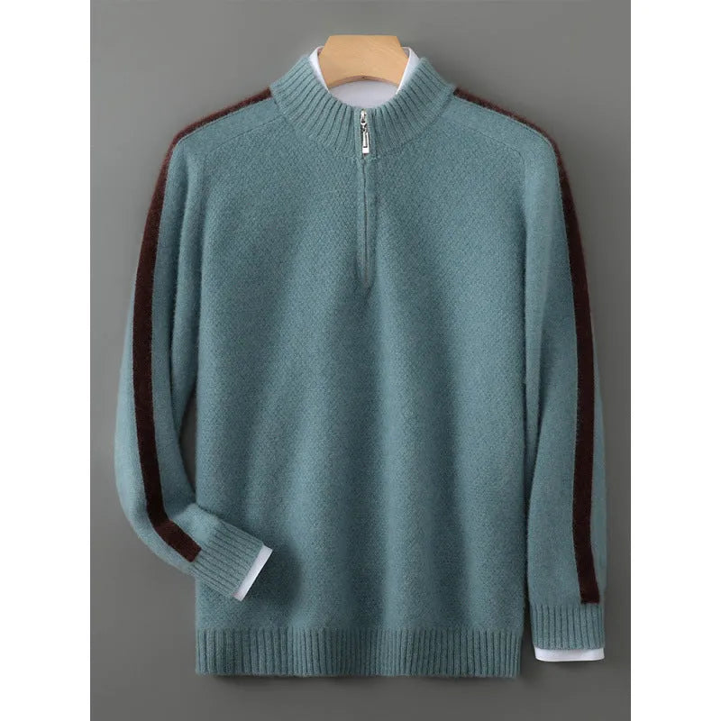 Plus-size model wearing a slim-fit, grey, half-zip wool sweater with a round neckline.
