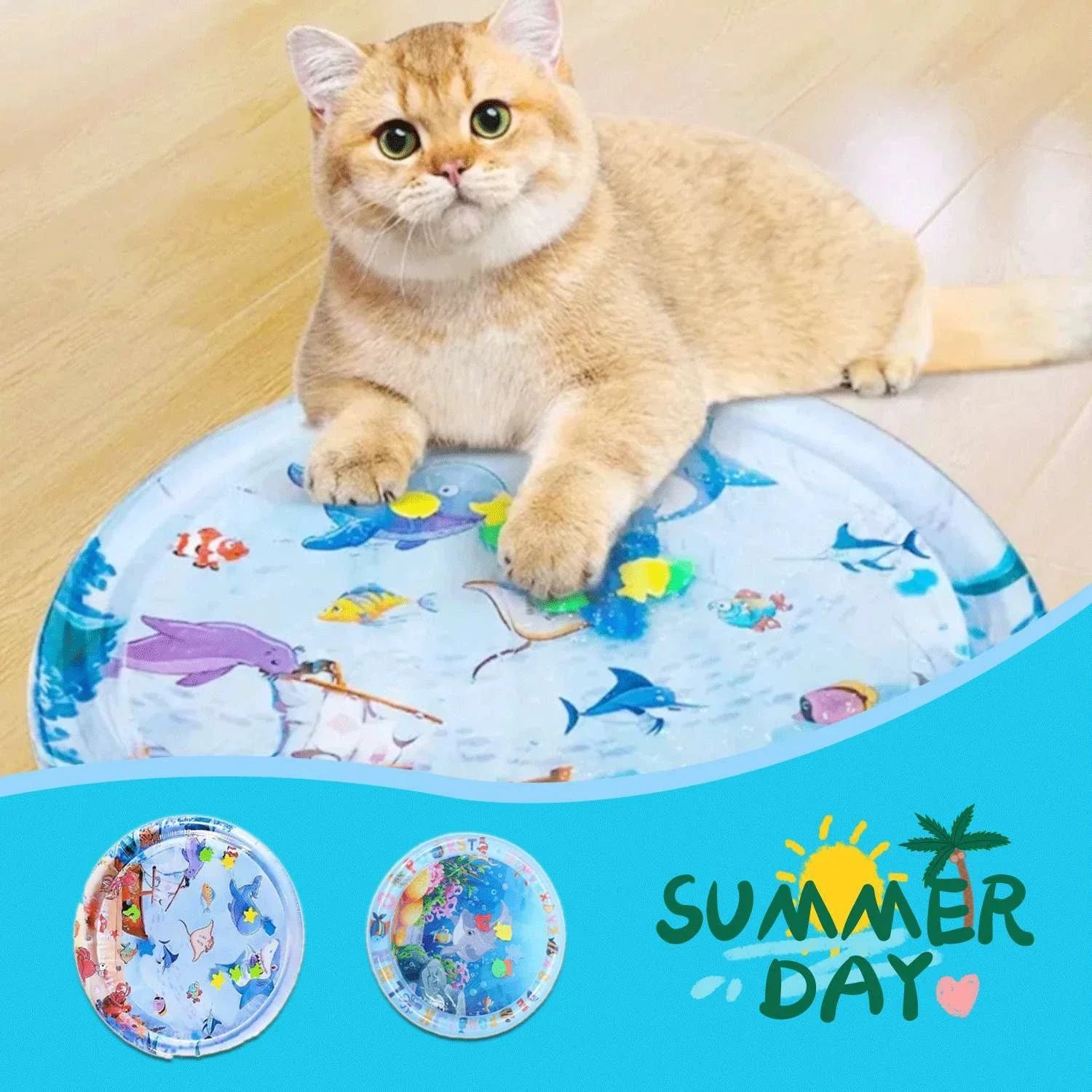 Chilled pet cooling water mat with ocean-themed designs for dogs and cats to stay cool and comfortable in summer