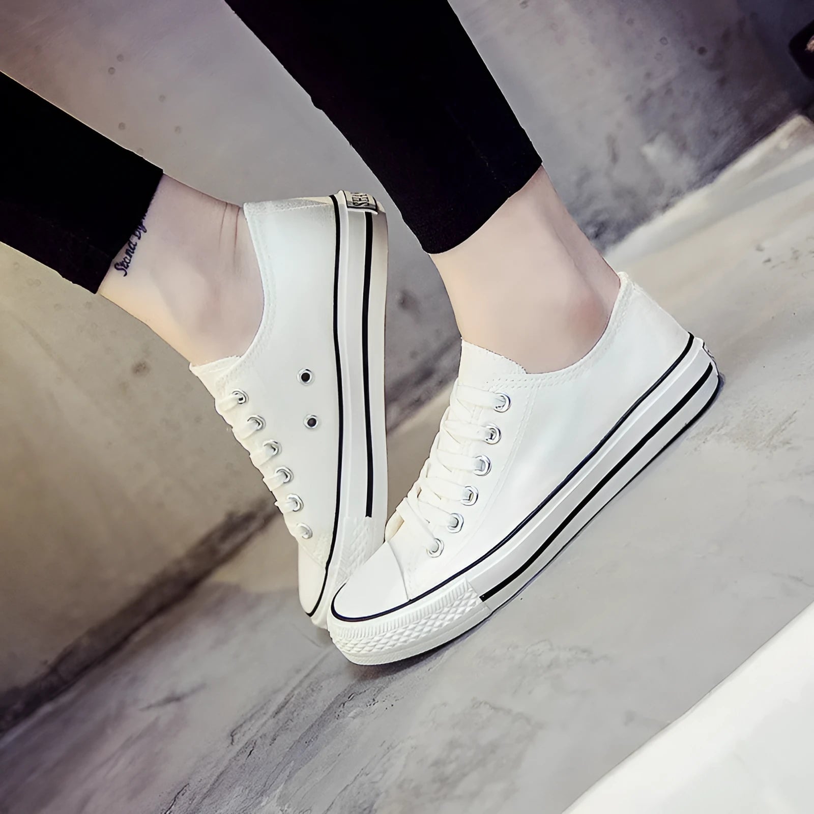 Women's solid colour casual canvas shoes shown in black, white black, white red, and all black options.
