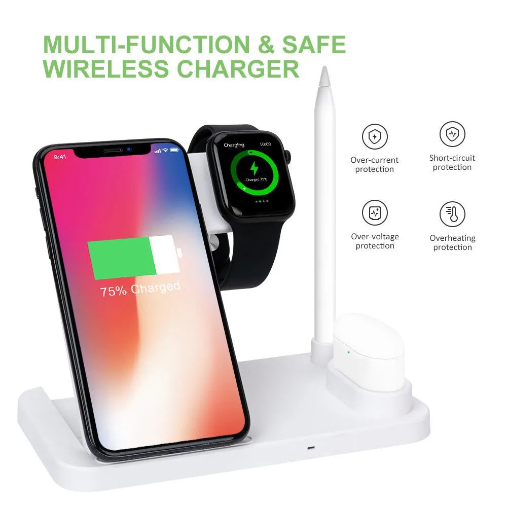 Black folding 4-in-1 wireless charger showing vertical stand for iPhone and flat charging pad.