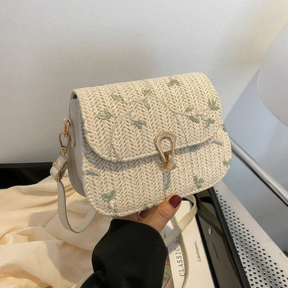 Summer straw woven bag with floral pattern in white and khaki options