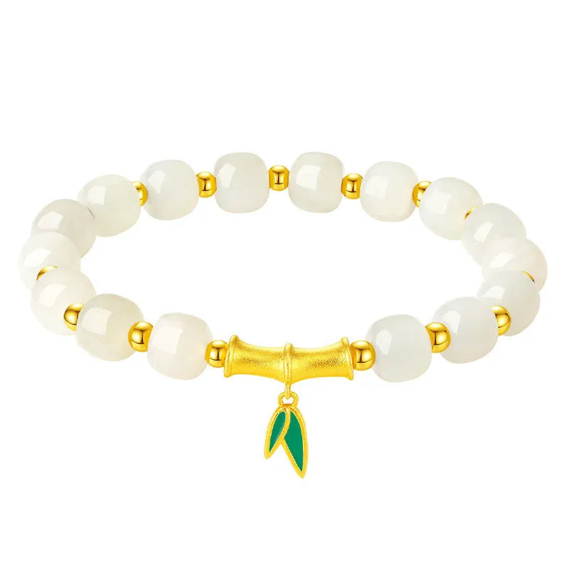 S925 sterling silver bracelet with natural Hetian jade beads carved with bamboo leaf motifs