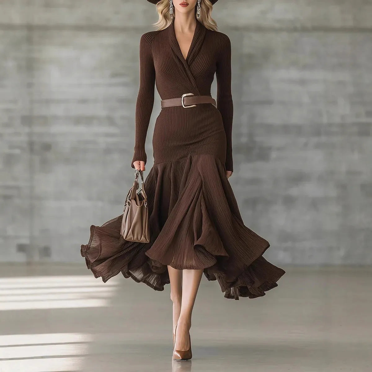 Stitching V-neck long-sleeve dress in dark brown with asymmetric long skirt and high waist