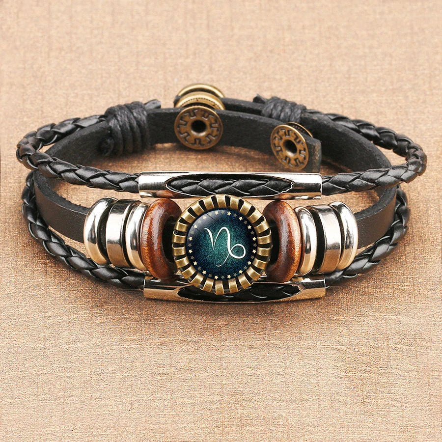 Multilayer leather bracelet with glass art depicting 12 zodiac signs, a stylish and captivating celestial accessory