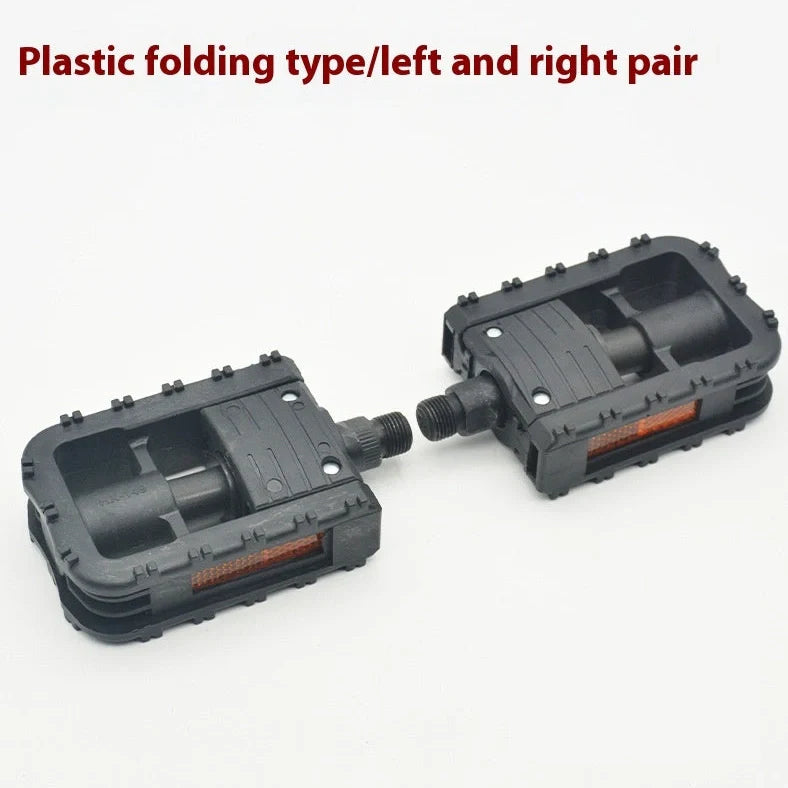 Aluminium alloy folding bike pedals showing extended and folded positions with colour pairing options