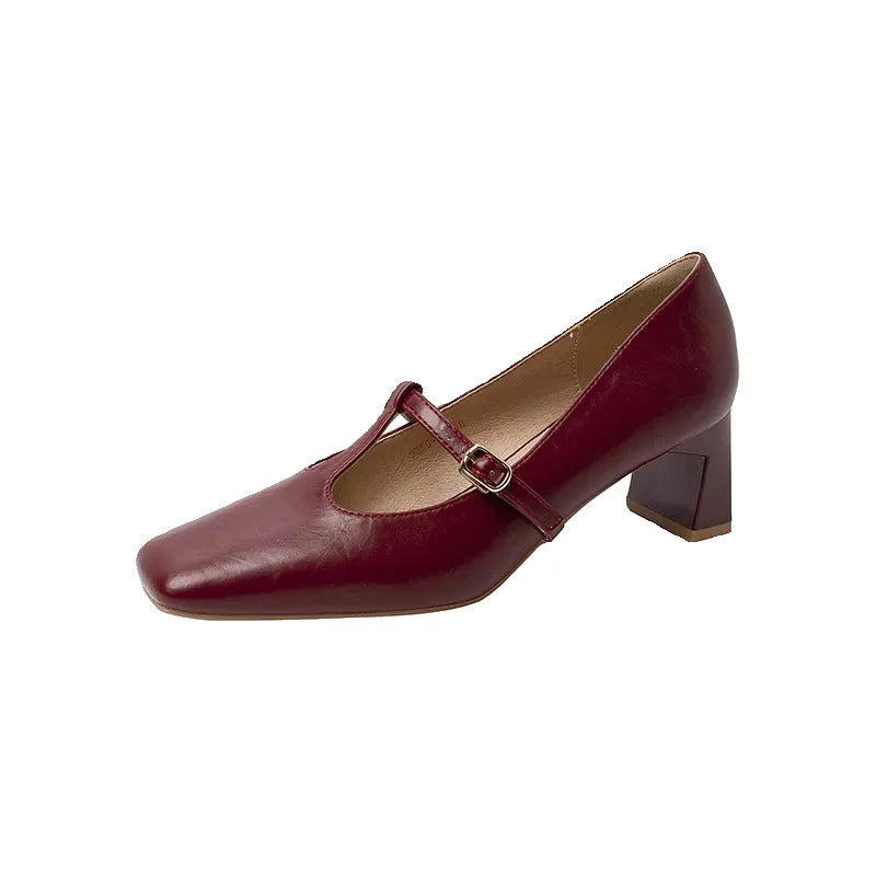 Square toe low-cut chunky heel Mary Jane shoes with buckle closure in apricot colour