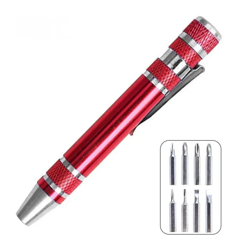 Aluminium alloy pen-style 8-in-1 screwdriver set with multiple bits and 107mm shaft.