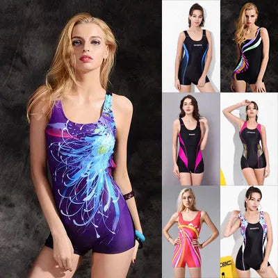Women's black and blue one-piece swimsuit with sleeveless, conservative design on a mannequin.