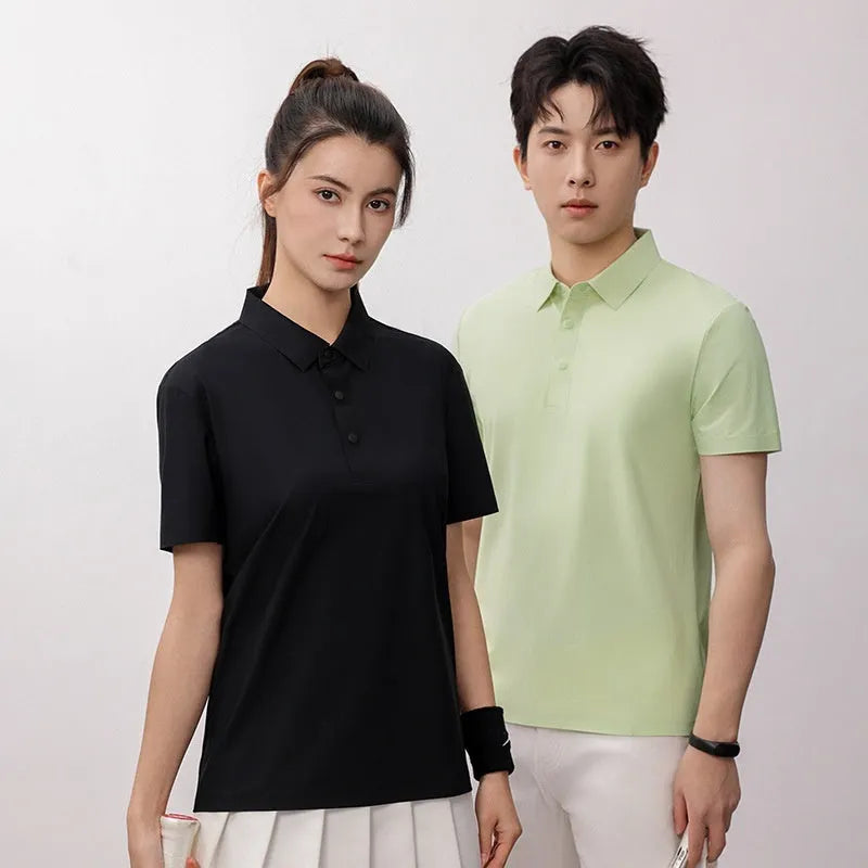 Seamless brocade polo shirt in apple green, shown on a hanger.