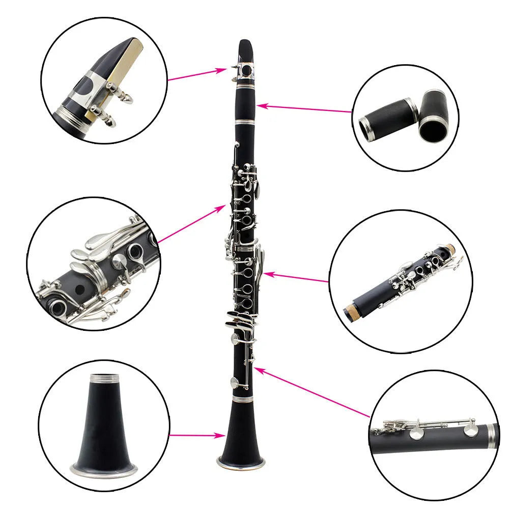 Black Bakelite clarinet with nickel-plated keys showing 67cm length and included carry bag