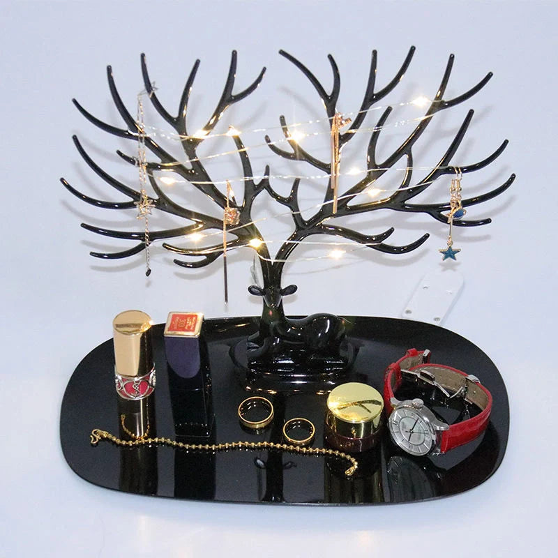 Deer antler jewelry stand in white and black, organising earrings and necklaces