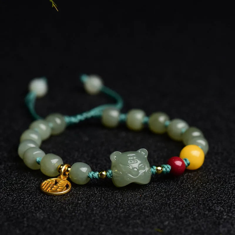 Natural Hetian Jade bracelet with cinnabar beads, beeswax elements and animal zodiac modelling