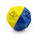 Blue interactive dog puzzle ball with hollow interior for treat dispensing