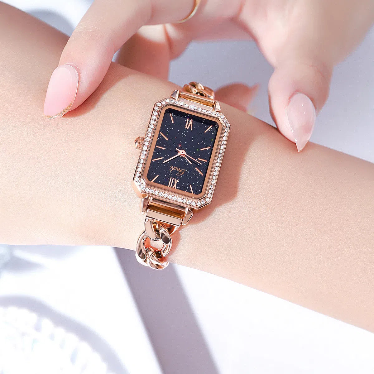 Rhinestone denim watch with square dial and small green watch face on stainless steel case
