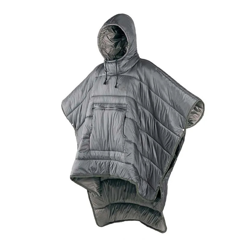 Army Green outdoor cloak sleeping bag worn as garment showing 200x140cm dimensions