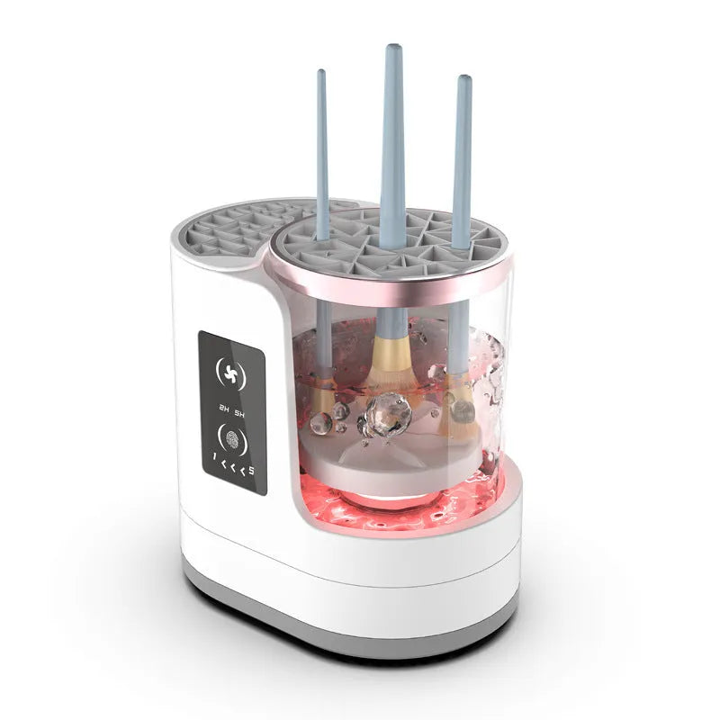 Automatic makeup brush cleaner with drying chamber showing brush holder and control buttons