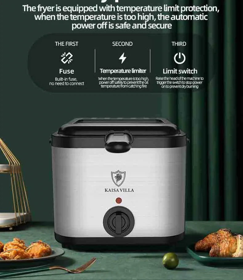 Silver electric air fryer with stainless steel body and a removable rectangular frying basket.