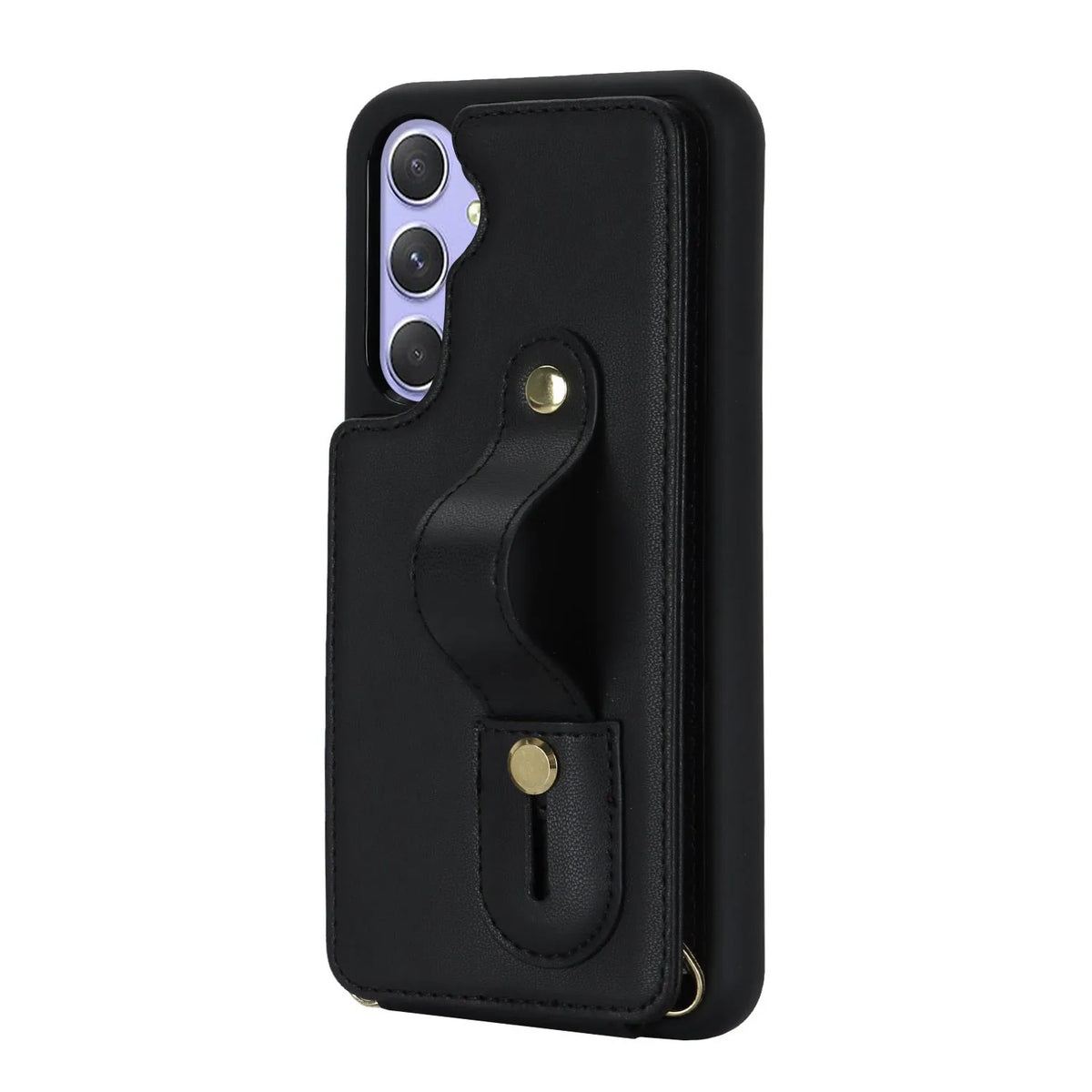 Samsung A54 5G leather phone case with lanyard in black hot pressing fit close up