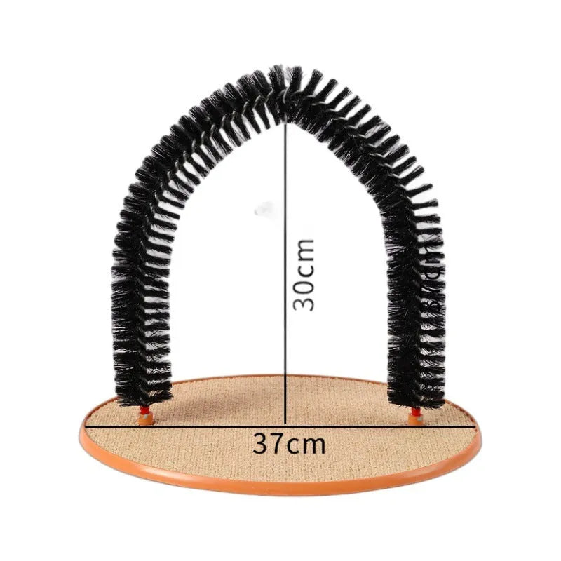 Black arch-shaped cat grooming brush with attached plush mouse toy on non-slip scratching base