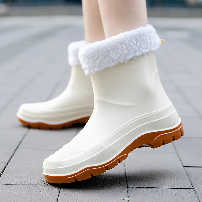 Women's short waterproof rubber shoe with non-slip sole in white colour on a flat heel.