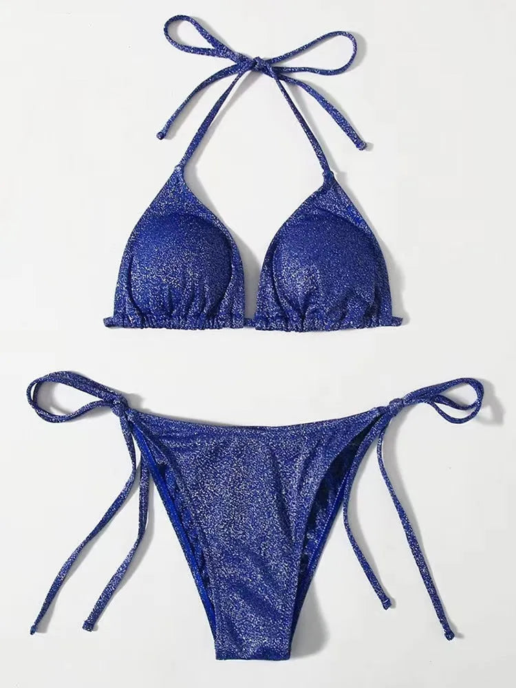 Women's khaki gold split bandage bikini swimsuit set with briefs style pants