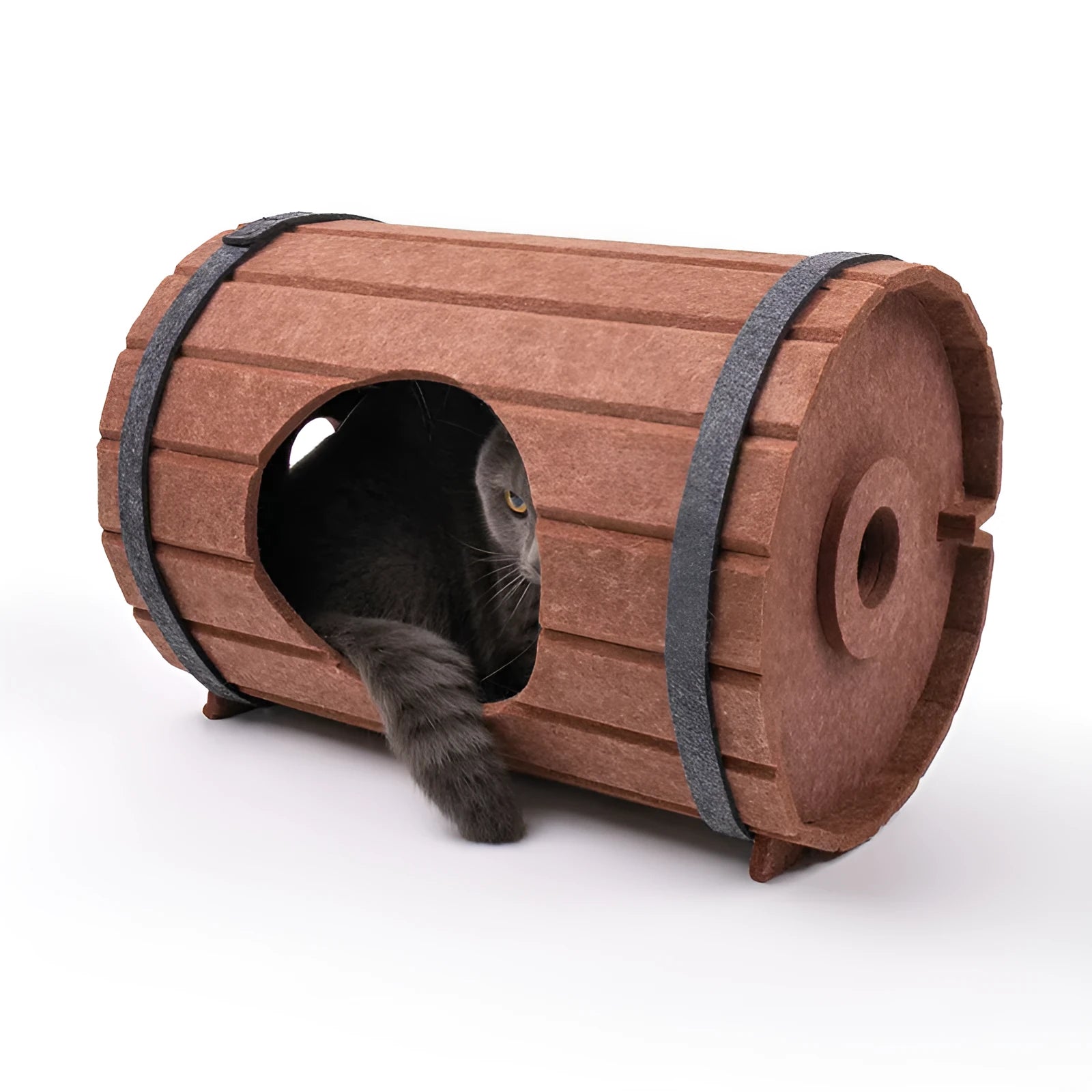 Assembled wine barrel cat bed with three felt panels forming circular pet nest