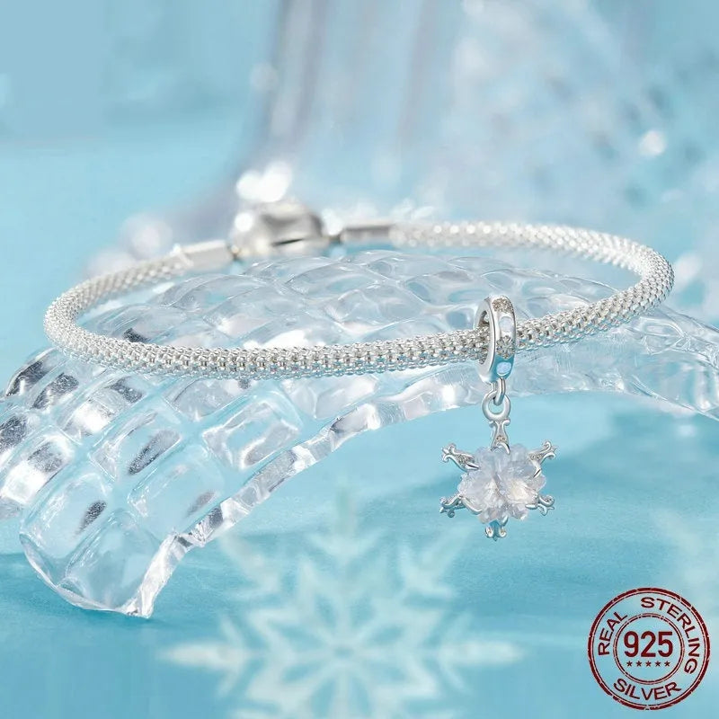 S925 sterling silver winter ice flower bead for DIY bracelet pendant, 22x10mm, electroplated finish