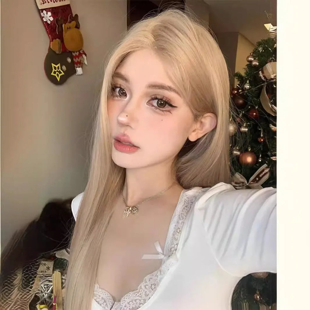 Milk tea gold blonde long straight synthetic wig with high temperature fibre construction