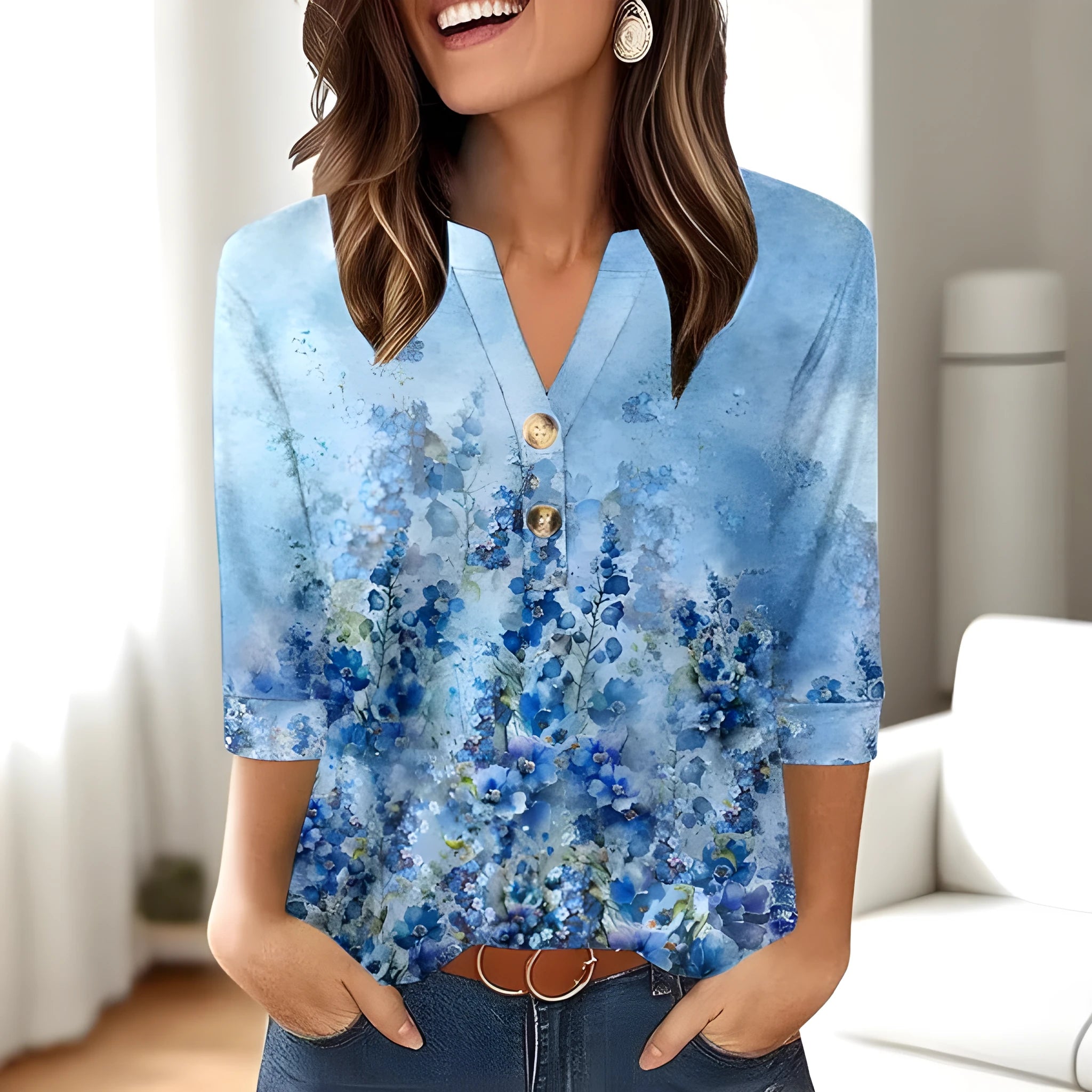 Women's loose fit V-neck casual top with a printed 3D pattern, shown in a colour from the available range.