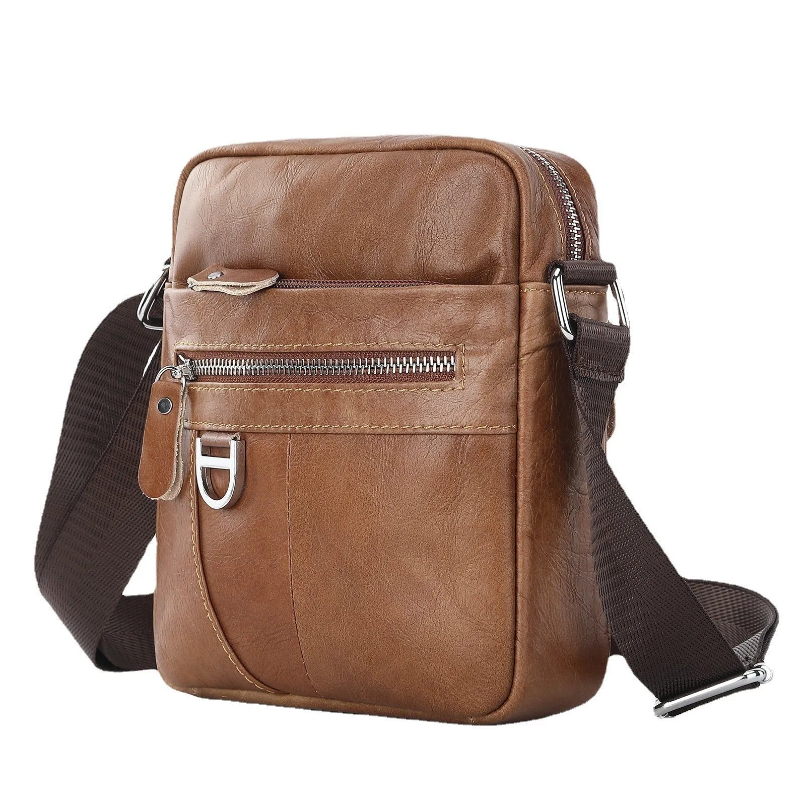 Black genuine leather messenger bag for boys with retro styling and crossbody strap