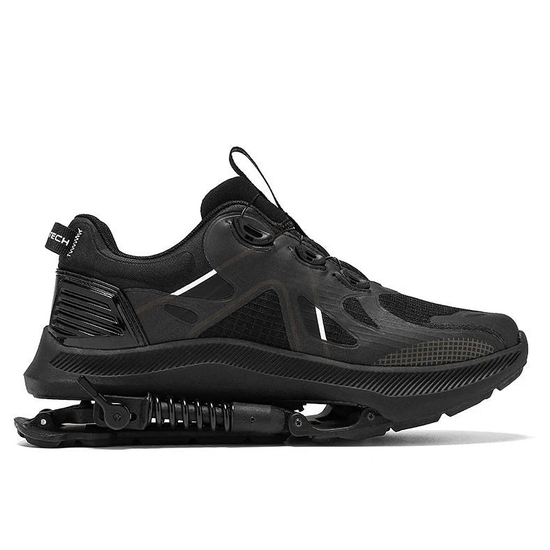 Black mechanical power running shoes with mesh upper and rubber sole showing buckle closure system
