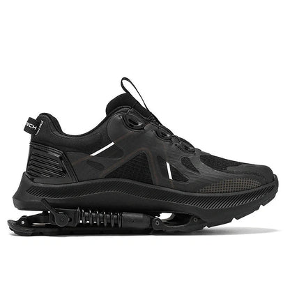 Black mechanical power running shoes with mesh upper and rubber sole showing buckle closure system