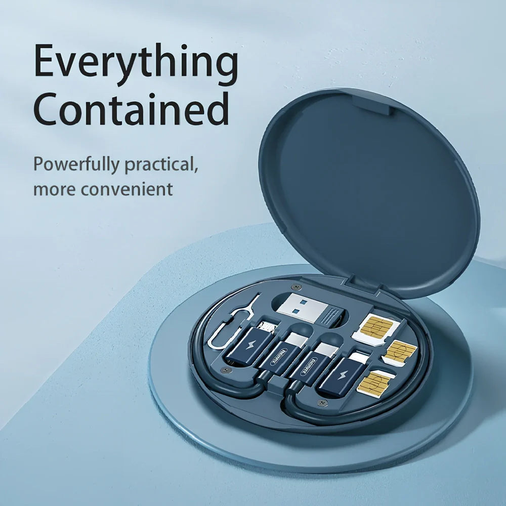 White 60W multi-function charging cable storage box with Type-C, Lightning, USB interfaces and card slots