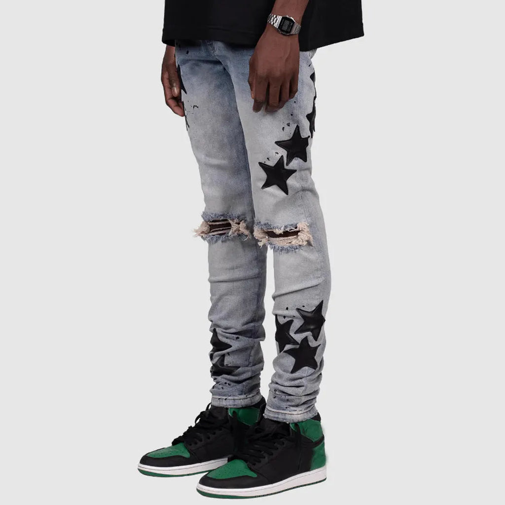 Men's slim stretch blue jeans with embroidery detailing on denim fabric