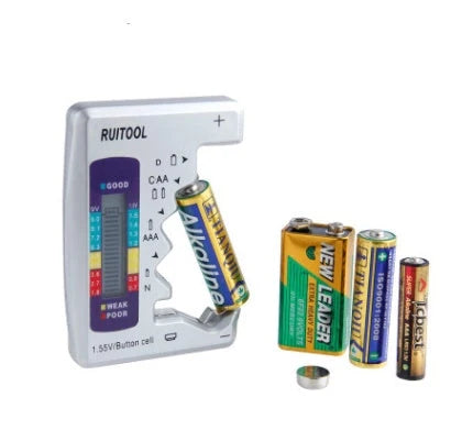 Universal digital battery tester for AA, AAA, 9V, and button cells with LCD display